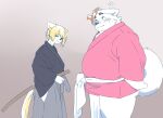  2022 anthro asian_clothing belly big_belly blush canid canine canis clothing domestic_dog duo east_asian_clothing hi_res humanoid_hands inunoshippo japanese_clothing kemono male mammal overweight overweight_male simple_background 