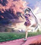  1girl ahoge aqua_eyes aqua_hair cloud commentary_request grass hatsune_miku headset highres holding long_hair luobo outdoors photoshop_(medium) revision running sky solo twintails very_long_hair vocaloid 