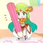  1girl armlet bare_shoulders chibi dress forehead_jewel green_eyes green_hair highres holding holding_pencil jewelry kid_icarus long_hair looking_down notice_lines oversized_object palutena pencil pendant standing twitter_username v-shaped_eyebrows very_long_hair white_dress yu_makoto_(yu_uma) 