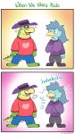  &lt;3 2022 absurd_res alligator alligatorid anthro avian biped blue_body bottomwear brok_(character) brok_the_investigator clothing comic countershading crocodilian duo english_text eyes_closed hat headgear headwear hi_res keeperaft laugh pants reptile scalie shay_(brok_the_investigator) sweater text topwear video_games 