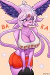  absurd_res anthro big_breasts blush bottomwear breasts cleavage clothed clothing eeveelution espeon female fur generation_2_pokemon hi_res nintendo pokemon pokemon_(species) purple_body purple_fur shorts solo sturdyplywood video_games 