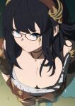  1girl bangs black_hair breasts cleavage closed_mouth collarbone from_above frown glaring glass glitch granblue_fantasy hairband illnott jewelry large_breasts looking_at_viewer mifuta necklace off-shoulder_shirt off_shoulder shirt sidelocks solo white_shirt 