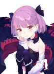  1girl bangs bare_shoulders black_dress black_thighhighs breasts coffeekite collarbone covered_collarbone detached_collar dress eyelashes fate/grand_order fate_(series) fingernails frills helena_blavatsky_(fate) highres long_eyelashes long_sleeves looking_at_viewer multicolored_eyes orange_eyes purple_eyes purple_hair ribbon short_dress short_hair simple_background small_breasts smile solo thighhighs thighs white_background white_ribbon yellow_eyes 