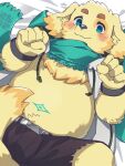  anthro begging begging_pose belly bird_dog blush bottomwear canid canine canis clothing cu_sith_(tas) domestic_dog fur golden_retriever green_eyes hi_res hunting_dog lifewonders lying male mammal on_back pose retriever scarf shorts slightly_chubby solo tail_between_legs tokyo_afterschool_summoners video_games wieneko138226 yellow_body yellow_fur 