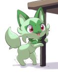  ambiguous_gender fangs feral fur furniture generation_9_pokemon green_body green_fur leaning_on_object nintendo open_mouth pokemon pokemon_(species) simple_background solo sprigatito standing struggling table twitching unknown_artist video_games 