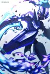  blue_fire blurry bright_pupils ceruledge commentary_request fire grey_background highres looking_down no_humans pokemon pokemon_(creature) purple_eyes solo tsukkon white_pupils 