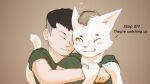  anthro black_hair clothing domestic_cat duo embrace felid feline felis fur green_clothing hair hug human male male/male mammal simple_background stampmats white_body white_fur yellow_eyes 