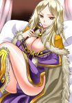  1girl 74 bangs blonde_hair breasts brown_cape cape cleavage closed_mouth commentary_request dress feet_out_of_frame fur-trimmed_cape fur_trim highres holding holding_staff large_breasts long_hair looking_at_viewer on_bed parted_bangs purple_dress ragnarok_online short_dress sitting sitting_on_bed smile solo staff wizard_(ragnarok_online) yellow_eyes 