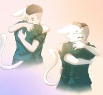  anthro clothing duo embrace felid fur green_clothing hug human male male/male mammal pantherine simple_background stampmats tiger white_body white_fur yellow_eyes 