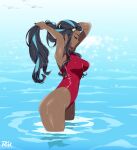  1girl arms_up backlighting black_hair blue_hair breasts closed_eyes dark-skinned_female dark_skin earrings highleg highleg_swimsuit highres hoop_earrings jewelry long_hair medium_breasts multicolored_hair nessa_(pokemon) one-piece_swimsuit pokemon pokemon_(game) pokemon_swsh profile r3dfive red_one-piece_swimsuit solo swimsuit two-tone_hair tying_hair wading water watermark wet 