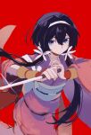 1girl black_hair blue_eyes bungou_stray_dogs closed_mouth flower glint hair_flower hair_ornament hairband highres holding holding_knife izumi_kyouka_(bungou_stray_dogs) japanese_clothes kimono knife long_hair long_sleeves looking_at_viewer low_twintails obi red_background red_kimono runba_(r_disnba) sash solo twintails very_long_hair white_flower white_hairband white_sash wide_sleeves 