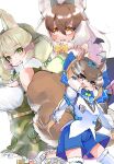  100maru 3girls animal_costume animal_ear_fluff animal_ears bat_wings bow bowtie brown_eyes brown_hair brown_long-eared_bat_(kemono_friends) cat_ears cat_girl cat_tail closed_mouth gloves green_eyes grey_eyes grey_hair highres jungle_cat_(kemono_friends) kemono_friends kemono_friends_v_project long_hair looking_at_viewer microphone multicolored_hair multiple_girls open_mouth shirt shorts siberian_chipmunk_(kemono_friends) simple_background skirt smile tail virtual_youtuber wings 