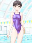  1girl absurdres black_hair breasts brown_eyes clothes_writing commentary_request competition_swimsuit contrapposto covered_navel cowboy_shot door highleg highleg_swimsuit highres indoors one-piece_swimsuit original pool purple_one-piece_swimsuit short_hair small_breasts solo standing string_of_flags swimsuit takafumi 