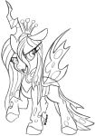  2019 arthropod black_and_white breioom changeling chibi crown eyelashes fangs female feral friendship_is_magic hair half-closed_eyes hasbro hi_res hooves horn insect_wings long_hair monochrome my_little_pony narrowed_eyes open_mouth open_smile queen_chrysalis_(mlp) signature simple_background smile solo white_background wings 