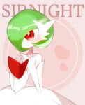  1girl bangs bare_shoulders blush bob_cut character_name closed_mouth colored_skin commentary_request dress elbow_gloves flat_chest gardevoir gloves green_hair hair_over_one_eye hands_up heart mega_gardevoir mega_pokemon nekopanda one_eye_covered own_hands_together pink_background pokemon pokemon_(creature) red_eyes romaji_text shiny shiny_hair short_hair solo standing strapless strapless_dress translated upper_body white_dress white_gloves white_skin 