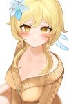  1girl blonde_hair blurry blush breasts cleavage closed_mouth dot_nose feather_hair_ornament feathers flower genshin_impact hair_flower hair_ornament highres looking_at_viewer lumine_(genshin_impact) medium_breasts orange_sweater short_hair_with_long_locks sigggrain simple_background solo sweater upper_body white_background yellow_eyes 