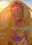  1girl amamiya_elena bead_choker choker collarbone cure_soleil dark-skinned_female dark_skin dawn dress earrings frills hair_ornament hairband highres jewelry looking_at_viewer magical_girl necklace orange_dress orange_hairband pouch precure purple_choker purple_eyes smile solo star_(symbol) star_hair_ornament star_twinkle_precure sun tiler_(tiler00) upper_body yellow_dress 