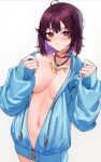  1girl :i ahoge atelier_(series) atelier_sophie blue_jacket blush breasts brown_eyes brown_hair center_opening colored_inner_hair commentary_request dolphin_pendant hands_up highres hood hood_down hooded_jacket jacket jewelry looking_at_viewer medium_breasts multicolored_hair naked_jacket necklace open_clothes open_jacket pout ryuuno6 short_hair simple_background sleeves_past_wrists solo sophie_neuenmuller tearing_up white_background 