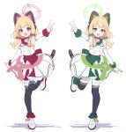  2girls :d absurdres animal_ears armpits bangs black_thighhighs blonde_hair blue_archive blunt_bangs bow breasts buttons cat_ears corset detached_sleeves dot_nose dress fake_animal_ears green_bow green_corset hair_bow halo highres light_blush long_sleeves looking_at_viewer midori_(blue_archive) momoi_(blue_archive) multiple_girls pn_(wnsl216) red_bow red_corset shadow siblings simple_background skirt small_breasts smile standing standing_on_one_leg striped striped_skirt tachi-e thighhighs twins v v-shaped_eyebrows white_background white_dress white_footwear 