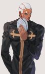  1boy bad_link black_coat cd chorefuji closed_mouth coat commentary_request dark-skinned_male dark_skin enrico_pucci frown hand_up high_collar holding jojo_no_kimyou_na_bouken long_sleeves looking_to_the_side male_focus short_hair simple_background solo white_background white_hair 