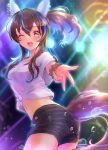  1girl animal_ears bandaid bandaid_on_face blue_hair blurry blush bokeh breasts brown_hair colored_inner_hair commentary cowboy_shot daitaku_helios_(umamusume) depth_of_field diffraction_spikes ear_covers fang gaze_on_me!_(umamusume) hair_ornament hairclip highres horse_ears horse_girl horse_tail long_hair looking_at_viewer looking_to_the_side male_swimwear midriff multicolored_hair navel one_eye_closed open_mouth outstretched_arm peteron scrunchie shirt short_sleeves side_ponytail small_breasts smile solo streaked_hair swim_trunks tail tank_me_(aftz4474) tied_shirt two-tone_hair umamusume w water_drop white_shirt wrist_scrunchie 