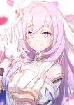  1girl absurdres bangs bare_shoulders blurry blurry_background breasts caisena cleavage closed_mouth commentary_request depth_of_field dress elysia_(herrscher_of_human:ego) elysia_(honkai_impact) gloves half_gloves hand_up heart heart_background highres honkai_(series) honkai_impact_3rd long_hair looking_at_viewer medium_breasts pink_hair purple_eyes smile solo strapless strapless_dress upper_body very_long_hair white_dress white_gloves 