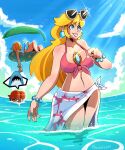  absurdres artist_name beach_towel bikini blonde_hair breasts brooch cleavage cloud drink earrings freckles highres ice ice_cube jewelry leaf lipstick makeup mario_(series) nail_polish navel ocean official_alternate_costume orange_hair pink_bikini princess_daisy princess_peach rosalina shark signature smile sneaking speech_bubble star_(symbol) strapless sunglasses sunlight super_mario_odyssey swimming swimsuit thegreyzen towel tube_top wand wet 