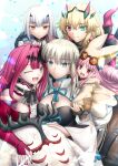  absurdres bangs bare_shoulders black_bow black_dress blonde_hair blue_eyes bow braid breasts cleavage dress fairy_knight_gawain_(fate) fate/grand_order fate_(series) french_braid green_eyes grey_hair hair_bow heterochromia highres horns large_breasts long_hair long_sleeves looking_at_viewer morgan_le_fay_(fate) ponytail red_eyes shoori_(migiha) sidelocks two-tone_dress very_long_hair white_dress wide_sleeves 