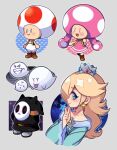  1boy 2girls artist_name blonde_hair blue_dress boo_(mario) boots braid brown_footwear closed_mouth crown dress earrings highres jewelry long_hair long_sleeves looking_at_viewer mario_(series) multiple_girls open_mouth pink_dress quartette rosalina shy_guy star_(symbol) star_earrings toad_(mario) toadette twin_braids w wide_sleeves 
