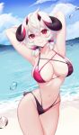  1girl bangs beach bikini black_horns black_tail breasts cleavage collarbone curled_horns day hair_ornament highres horns large_breasts looking_at_viewer multiple_horns nano_(nanoless) pink_eyes red_horns short_tail smile solo summer swimsuit thick_eyebrows virtual_youtuber white_hair yoclesh 