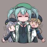  3girls =_= aqua_hair bangs beret black_headwear black_necktie breasts character_request closed_eyes es_(eisis) green_eyes green_headwear grey_background grey_hair hat highres jacket large_breasts long_hair long_sleeves medium_breasts mist_train_girls multiple_girls necktie notice_lines open_mouth parted_lips shaded_face shirt short_twintails simple_background sweat twintails 