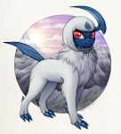  absol ambiguous_gender black_nose bloominglynx chest_tuft closed_smile feral generation_3_pokemon glistening glistening_eyes hi_res leg_tuft looking_at_viewer neck_tuft nintendo pokemon pokemon_(species) red_eyes side_view signature solo traditional_media_(artwork) tuft video_games 