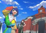  2girls blue_hair braid cape chinese_clothes cloak cloud cloud_print cloudy_sky collared_dress dauchimk_1 day dress frilled_sleeves frills green_dress green_eyes green_headwear green_skirt highres hong_meiling long_hair long_sleeves multicolored_clothes multicolored_dress multiple_girls open_mouth outdoors patchwork_clothes pink_footwear puffy_short_sleeves puffy_sleeves red_button red_hair scarlet_devil_mansion shirt short_hair short_sleeves skirt sky sky_print tenkyuu_chimata touhou twin_braids two-sided_cape two-sided_fabric white_cloak white_shirt zipper 