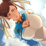  1girl arms_behind_back blue_dress blue_sky breasts brown_eyes brown_hair bun_cover chest_cutout china_dress chinese_clothes chun-li cloud cloudy_sky double_bun dress dutch_angle earrings hair_bun hair_pulled_back highres ihsnet jewelry large_breasts lips looking_at_viewer outdoors sky solo street_fighter street_fighter_6 two-tone_dress upper_body white_dress 