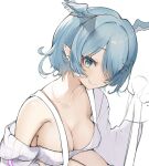  1girl aqua_eyes bangs bare_shoulders blue_hair breasts cleavage closed_mouth collarbone covered_nipples dragon_girl earrings elira_pendora fang from_above hair_over_one_eye head_wings highres jewelry large_breasts looking_at_viewer loose_clothes medium_hair mole mole_on_breast nijisanji nijisanji_en no_bra off_shoulder oimo_0imo overalls pointy_ears simple_background sketch skin_fang smile solo sweater swept_bangs virtual_youtuber white_background 