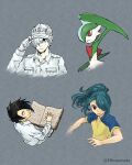  4boys adjusting_clothes adjusting_headwear androgynous arm_blade arm_up artist_name bangs baseball_cap black_eyes black_hair blue_hair book breast_pocket brown_eyes closed_mouth clothes_writing collared_shirt colored_skin commentary_request cropped_torso expressionless from_above full_body gallade gloves green_hair green_skin grey_background grey_gloves grey_hair grey_headwear grey_shirt hair_over_one_eye hand_up hat hataraku_saibou highres hinata_kanata holding holding_book inazuma_eleven inazuma_eleven_(series) kazemaru_ichirouta long_hair long_sleeves looking_at_viewer looking_up male_focus multicolored_hair multicolored_skin multiple_boys one_eye_covered open_book open_mouth pants pocket pokemon pokemon_(creature) ponytail ray_(yakusoku_no_neverland) red_eyes shirt short_hair simple_background sitting split_mouth trait_connection translation_request twitter_username two-tone_hair two-tone_shirt two-tone_skin u-1146 upper_body watermark weapon white_blood_cell_(hataraku_saibou) white_pants white_skin yakusoku_no_neverland 