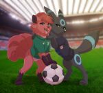  ball canid canine clothed clothing digital_media_(artwork) duo eeveelution female feral fur generation_1_pokemon generation_2_pokemon hair hi_res kurai_(kuraibre) lawkie looking_at_viewer male male/male mammal nintendo open_mouth pokemon pokemon_(species) pyre_(pyrepix) shirt smile soccer soccer_ball soccer_uniform sport sportswear topwear umbreon uniform video_games vulpix 