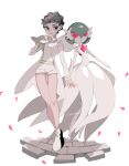  2girls arm_at_side artist_name bangs bare_shoulders blue_eyes blush bob_cut braid breasts brown_hair choker closed_mouth coat collarbone colored_skin commentary_request crown_braid diantha_(pokemon) dress elbow_gloves eyeshadow falling_petals flat_chest full_body gardevoir glint gloves green_hair hair_between_eyes hand_on_own_shoulder hand_up happy highres jewelry jumpsuit legs light_blush long_sleeves looking_at_another looking_at_viewer looking_to_the_side makeup mega_gardevoir mega_pokemon multiple_girls necklace nico_(nico_minico) open_clothes open_coat partial_commentary petals pokemon pokemon_(creature) pokemon_(game) pokemon_xy purple_eyeshadow red_eyes shoes short_hair short_jumpsuit signature simple_background small_breasts smile standing strapless strapless_dress thigh_gap thighs twitter_username white_background white_choker white_coat white_dress white_footwear white_gloves white_jumpsuit white_skin white_theme 