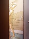 anthro bathroom butt door fur hi_res male nude shower solo stampmats white_body white_fur yellow_eyes 