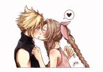  1boy 1girl aerith_gainsborough artist_name bangs bare_arms blonde_hair blue_eyes blush braid braided_ponytail breasts brown_hair choker closed_eyes cloud_strife couple dated dress final_fantasy final_fantasy_vii final_fantasy_vii_remake hair_ribbon heart hetero hover_hand kiss leaning_forward long_hair looking_at_another medium_breasts parted_bangs pink_dress pink_ribbon ribbon shirt_grab short_hair sidelocks sleeveless sleeveless_dress sleeveless_turtleneck spiked_hair turtleneck upper_body white_background wide-eyed yco_030601 