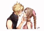  1boy 1girl aerith_gainsborough artist_name bangs bare_arms blonde_hair blush braid braided_ponytail breasts brown_hair choker closed_eyes cloud_strife couple dated dress final_fantasy final_fantasy_vii final_fantasy_vii_remake green_eyes hair_ribbon hand_on_another&#039;s_chin hetero imminent_kiss long_hair looking_at_another medium_breasts parted_bangs parted_lips pink_dress pink_ribbon ribbon short_hair sidelocks sleeveless sleeveless_dress sleeveless_turtleneck spiked_hair sweatdrop turtleneck upper_body white_background yco_030601 