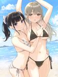  2girls absurdres applying_sunscreen arm_between_breasts bangs beach between_breasts bikini black_hair blunt_bangs blush breasts brown_eyes brown_hair cleavage collarbone highres large_breasts long_hair looking_at_viewer multiple_girls navel ocean original ponytail purple_eyes purple_nails side-tie_bikini_bottom sidelocks smile striped striped_bikini swimsuit takenoko_no_you thigh_gap underboob 