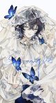  1boy absurdres bangs bishounen black_hair blue_butterfly bug butterfly crossed_bangs frilled_sleeves frills highres long_sleeves male_focus original sample_watermark short_hair solo ziyizhengjun 