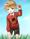  1boy :d bangs black_shorts blonde_hair collared_shirt commentary_request day grass green_eyes hand_up holding holding_poke_ball kanasun12_30 knees leaning_forward male_focus open_mouth outdoors poke_ball poke_ball_(basic) pokemon pokemon_(game) pokemon_swsh red_sweater shirt short_hair shorts sky smile socks solo sweater white_shirt white_socks youngster_(pokemon) 