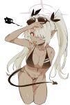 1girl :p absurdres arm_between_legs bare_arms bare_shoulders bent_over bikini black_bikini blue_archive breasts cleavage commentary cowboy_shot cropped_legs dark-skinned_female dark_skin ddari demon_girl demon_tail eyewear_on_head grey_hair hair_over_one_eye halo highres iori_(blue_archive) iori_(swimsuit)_(blue_archive) korean_commentary large_breasts long_hair looking_at_viewer multi-strapped_bikini navel pointy_ears red_eyes simple_background solo spoken_squiggle squiggle sunglasses swimsuit tail tongue tongue_out twintails very_long_hair white_background white_hair 