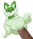  2022 3_toes 4_fingers absurd_res anthro anthrofied big_butt breasts butt edit feet felid feline female fingers fur generation_9_pokemon genitals green_body green_fur green_hair hair hi_res huge_butt looking_at_viewer looking_back mammal nintendo nude penis pink_eyes pink_nose pokemon pokemon_(species) pokemorph solo sprigatito sssonic2 thick_thighs toes vein veiny_penis video_games wide_hips 