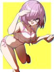 1girl bikini black-framed_eyewear blush border breasts cleavage commentary_request fate/grand_order fate_(series) glasses hair_over_one_eye hamao_1 highres light_purple_hair looking_at_viewer mash_kyrielight mash_kyrielight_(swimsuit_of_perpetual_summer_ver.02) medium_breasts navel one_eye_covered open_mouth outside_border purple_eyes see-through short_hair smile solo stomach striped striped_bikini swimsuit white_border yellow_background 