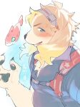  anthro blonde_hair blush canid canine canis claws domestic_dog fish floppy_ears hair harness hisaki_(live-a-hero) kemono lifewonders live-a-hero looking_at_viewer machine male mammal marine pawpads robot slightly_chubby smile solo underwater video_games water 