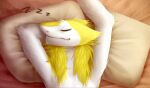  anthro arm_tuft bloominglynx elbow_tuft eyes_closed front_view fur hand_behind_head lying male mouth_closed on_back pillow sergal sleeping solo sound_effects tuft white_body white_fur yellow_body yellow_fur zzz 