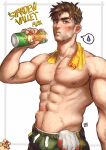 1boy abs alex_(stardew_valley) bara brown_hair can character_name copyright_name earrings facial_hair green_eyes green_shorts greenteaa highres holding holding_can jewelry large_pectorals looking_at_viewer male_focus muscular muscular_male navel navel_hair nipples pectorals short_hair shorts soda_can solo stardew_valley topless_male towel towel_around_neck 